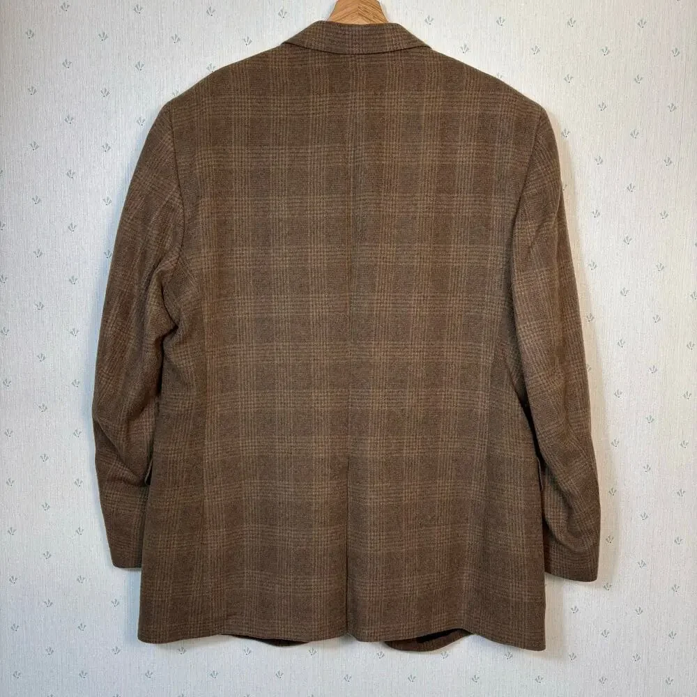 Jos a Bank 100% Camel Hair Sport Coat Size 46L Glen Plaid Brown Travel Business